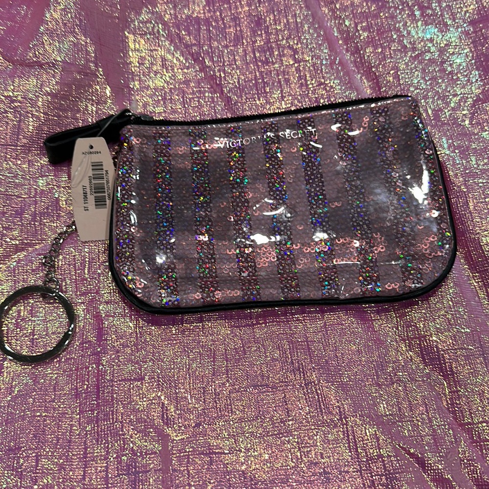 Victoria secret sequin change purse wallet key ring new